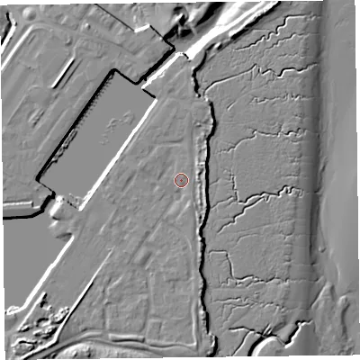 Shaded relief map of the ground around FY76HA, computed from Environment Agency LiDAR. The ground here sits at about 7 m above sea level and falls 12 m across the surrounding 800 m. Surface water reaching this point runs off ground lying to the east-north-east, 2.7 m higher.