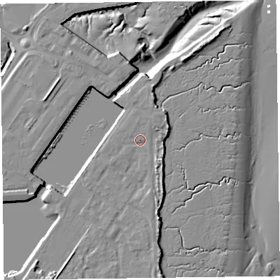 Shaded relief map of the ground around FY76HB, computed from Environment Agency LiDAR. The ground here sits at about 7 m above sea level and falls 12 m across the surrounding 800 m. Surface water reaching this point runs off ground lying to the north, 0.8 m higher.