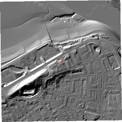 Shaded relief map of the ground around FY76HF, computed from Environment Agency LiDAR. The ground here sits at about 11 m above sea level and falls 23 m across the surrounding 800 m. Surface water reaching this point runs off ground lying to the south-west, 3.1 m higher.