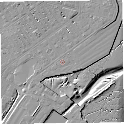 Shaded relief map of the ground around FY76HP, computed from Environment Agency LiDAR. The ground here sits at about 6 m above sea level and falls 12 m across the surrounding 800 m. Surface water reaching this point runs off ground lying to the north-east, 3.1 m higher.