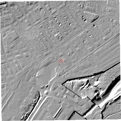 Shaded relief map of the ground around FY76HY, computed from Environment Agency LiDAR. The ground here sits at about 6 m above sea level and falls 12 m across the surrounding 800 m. Surface water reaching this point runs off ground lying to the east-south-east, 0.8 m higher.