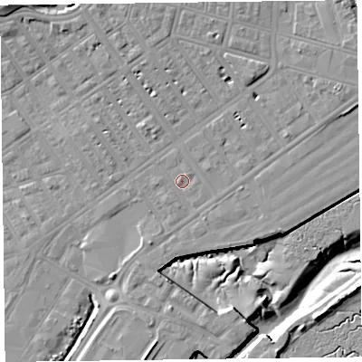 Shaded relief map of the ground around FY76JA, computed from Environment Agency LiDAR. The ground here sits at about 6 m above sea level and falls 14 m across the surrounding 800 m. Surface water reaching this point runs off ground lying to the east-north-east, 1.5 m higher.