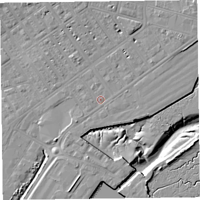 Shaded relief map of the ground around FY76JB, computed from Environment Agency LiDAR. The ground here sits at about 6 m above sea level and falls 12 m across the surrounding 800 m. Surface water reaching this point runs off ground lying to the east-north-east, 1.5 m higher.