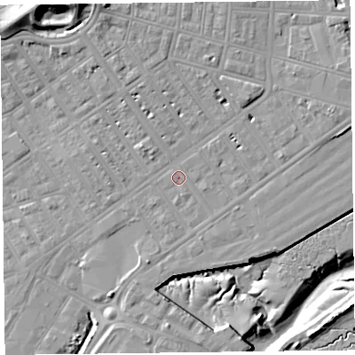 Shaded relief map of the ground around FY76JE, computed from Environment Agency LiDAR. The ground here sits at about 6 m above sea level and falls 18 m across the surrounding 800 m. Surface water reaching this point runs off ground lying to the north-east, 4.9 m higher.