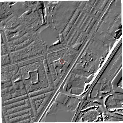 Shaded relief map of the ground around FY76JF, computed from Environment Agency LiDAR. The ground here sits at about 5 m above sea level and falls 7 m across the surrounding 800 m. Surface water reaching this point runs off ground lying to the north, 0.9 m higher.