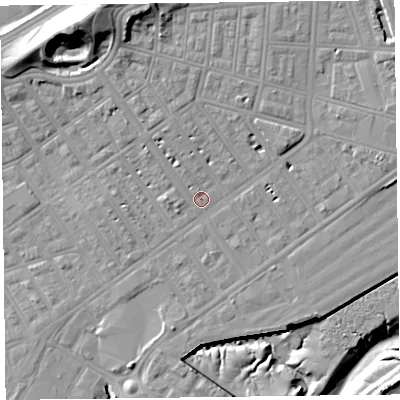 Shaded relief map of the ground around FY76JH, computed from Environment Agency LiDAR. The ground here sits at about 6 m above sea level and falls 22 m across the surrounding 800 m. Surface water reaching this point runs off ground lying to the north-north-west, 8.8 m higher.
