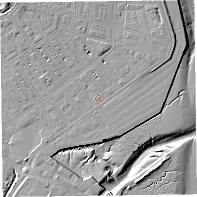 Shaded relief map of the ground around FY76JL, computed from Environment Agency LiDAR. The ground here sits at about 7 m above sea level and falls 14 m across the surrounding 800 m. Surface water reaching this point runs off ground lying to the north-east, 4.9 m higher.