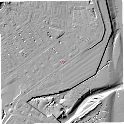 Shaded relief map of the ground around FY76JN, computed from Environment Agency LiDAR. The ground here sits at about 7 m above sea level and falls 17 m across the surrounding 800 m. Surface water reaching this point runs off ground lying to the north-east, 4.9 m higher.