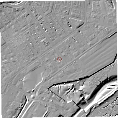 Shaded relief map of the ground around FY76JQ, computed from Environment Agency LiDAR. The ground here sits at about 6 m above sea level and falls 14 m across the surrounding 800 m. Surface water reaching this point runs off ground lying to the north-west, 0.6 m higher.
