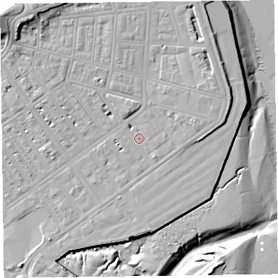 Shaded relief map of the ground around FY76JR, computed from Environment Agency LiDAR. The ground here sits at about 7 m above sea level and falls 19 m across the surrounding 800 m. Surface water reaching this point runs off ground lying to the north-north-east, 2.9 m higher.