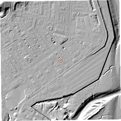 Shaded relief map of the ground around FY76JU, computed from Environment Agency LiDAR. The ground here sits at about 7 m above sea level and falls 21 m across the surrounding 800 m. Surface water reaching this point runs off ground lying to the north, 1.5 m higher.