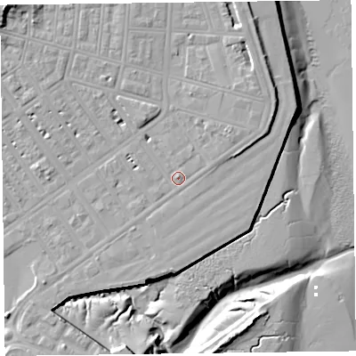 Shaded relief map of the ground around FY76JW, computed from Environment Agency LiDAR. The ground here sits at about 7 m above sea level and falls 17 m across the surrounding 800 m. Surface water reaching this point runs off ground lying to the north-east, 4.9 m higher.