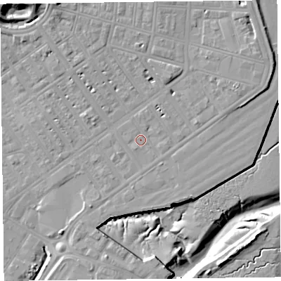 Shaded relief map of the ground around FY76JX, computed from Environment Agency LiDAR. The ground here sits at about 6 m above sea level and falls 18 m across the surrounding 800 m. Surface water reaching this point runs off ground lying to the north-east, 4.9 m higher.