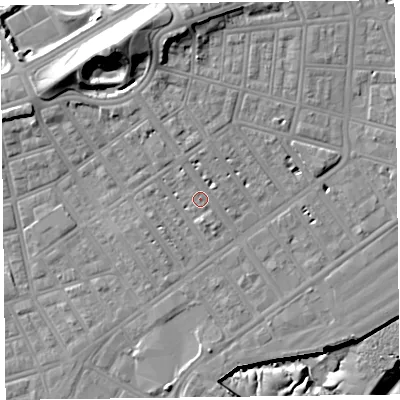 Shaded relief map of the ground around FY76JY, computed from Environment Agency LiDAR. The ground here sits at about 7 m above sea level and falls 22 m across the surrounding 800 m. Surface water reaching this point runs off ground lying to the north-north-west, 4.3 m higher.