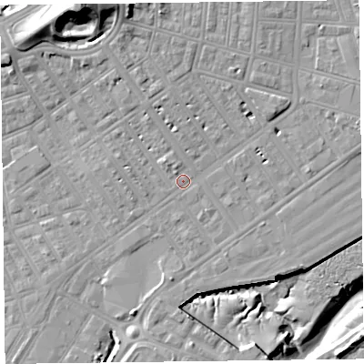 Shaded relief map of the ground around FY76JZ, computed from Environment Agency LiDAR. The ground here sits at about 6 m above sea level and falls 22 m across the surrounding 800 m. Surface water reaching this point runs off ground lying to the north-north-west, 8.1 m higher.