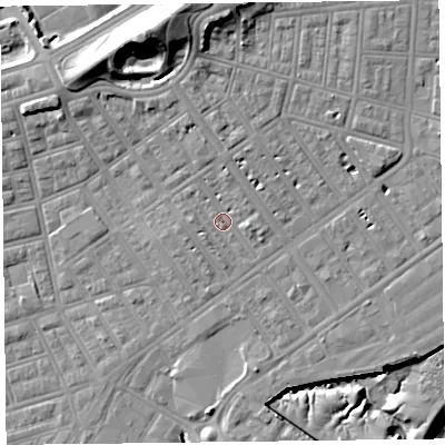 Shaded relief map of the ground around FY76LA, computed from Environment Agency LiDAR. The ground here sits at about 6 m above sea level and falls 22 m across the surrounding 800 m. Surface water reaching this point runs off ground lying to the west, 1.4 m higher.