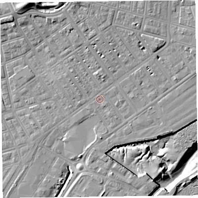 Shaded relief map of the ground around FY76LB, computed from Environment Agency LiDAR. The ground here sits at about 6 m above sea level and falls 16 m across the surrounding 800 m. Surface water reaching this point runs off ground lying to the north-north-west, 5.0 m higher.