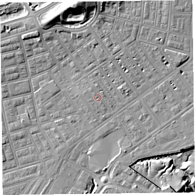 Shaded relief map of the ground around FY76LD, computed from Environment Agency LiDAR. The ground here sits at about 7 m above sea level and falls 22 m across the surrounding 800 m. Surface water reaching this point runs off ground lying to the north-west, 0.8 m higher.