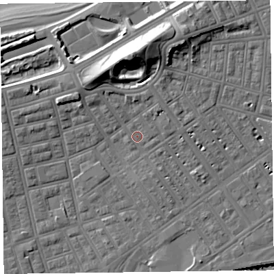 Shaded relief map of the ground around FY76LE, computed from Environment Agency LiDAR. The ground here sits at about 7 m above sea level and falls 20 m across the surrounding 800 m. Surface water reaching this point runs off ground lying to the north, 13.4 m higher.