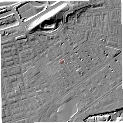 Shaded relief map of the ground around FY76LF, computed from Environment Agency LiDAR. The ground here sits at about 7 m above sea level and falls 21 m across the surrounding 800 m. Surface water reaching this point runs off ground lying to the north, 2.2 m higher.