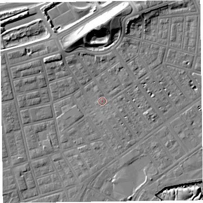 Shaded relief map of the ground around FY76LG, computed from Environment Agency LiDAR. The ground here sits at about 6 m above sea level and falls 20 m across the surrounding 800 m. Surface water reaching this point runs off ground lying to the north, 13.4 m higher.