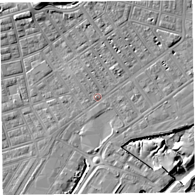 Shaded relief map of the ground around FY76LH, computed from Environment Agency LiDAR. The ground here sits at about 6 m above sea level and falls 14 m across the surrounding 800 m. Surface water reaching this point runs off ground lying to the north, 4.4 m higher.