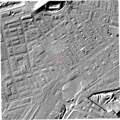 Shaded relief map of the ground around FY76LJ, computed from Environment Agency LiDAR. The ground here sits at about 6 m above sea level and falls 19 m across the surrounding 800 m. Surface water reaching this point runs off ground lying to the north-north-west, 0.9 m higher.