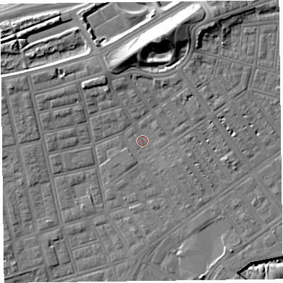 Shaded relief map of the ground around FY76LL, computed from Environment Agency LiDAR. The ground here sits at about 5 m above sea level and falls 20 m across the surrounding 800 m. Surface water reaching this point runs off ground lying to the north, 14.0 m higher.