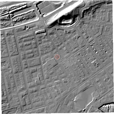 Shaded relief map of the ground around FY76LN, computed from Environment Agency LiDAR. The ground here sits at about 5 m above sea level and falls 20 m across the surrounding 800 m. Surface water reaching this point runs off ground lying to the north-north-east, 14.1 m higher.