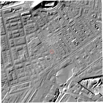 Shaded relief map of the ground around FY76LP, computed from Environment Agency LiDAR. The ground here sits at about 5 m above sea level and falls 16 m across the surrounding 800 m. Surface water reaching this point runs off ground lying to the north, 1.3 m higher.