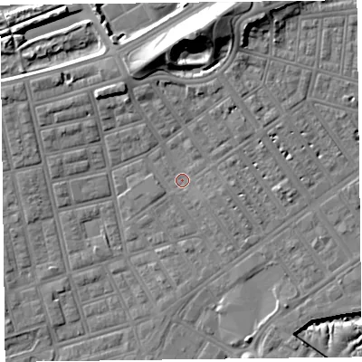 Shaded relief map of the ground around FY76LQ, computed from Environment Agency LiDAR. The ground here sits at about 5 m above sea level and falls 20 m across the surrounding 800 m. Surface water reaching this point runs off ground lying to the north, 14.0 m higher.