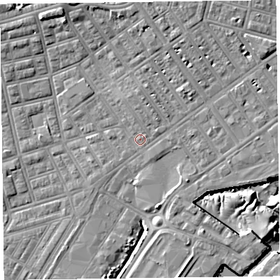 Shaded relief map of the ground around FY76LR, computed from Environment Agency LiDAR. The ground here sits at about 5 m above sea level and falls 12 m across the surrounding 800 m. Surface water reaching this point runs off ground lying to the north-east, 3.8 m higher.