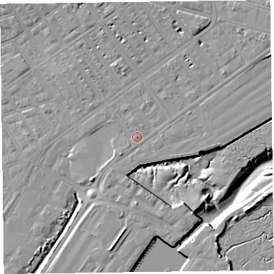 Shaded relief map of the ground around FY76LT, computed from Environment Agency LiDAR. The ground here sits at about 6 m above sea level and falls 12 m across the surrounding 800 m. Surface water reaching this point runs off ground lying to the east-north-east, 1.4 m higher.