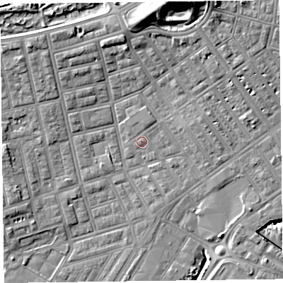 Shaded relief map of the ground around FY76LW, computed from Environment Agency LiDAR. The ground here sits at about 5 m above sea level and falls 19 m across the surrounding 800 m. Surface water reaching this point runs off ground lying to the north-north-east, 1.0 m higher.
