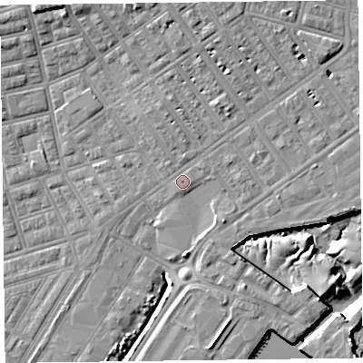 Shaded relief map of the ground around FY76LY, computed from Environment Agency LiDAR. The ground here sits at about 6 m above sea level and falls 12 m across the surrounding 800 m. Surface water reaching this point runs off ground lying to the north-east, 3.8 m higher.