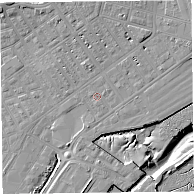 Shaded relief map of the ground around FY76LZ, computed from Environment Agency LiDAR. The ground here sits at about 6 m above sea level and falls 12 m across the surrounding 800 m. Surface water reaching this point runs off ground lying to the east-north-east, 1.5 m higher.