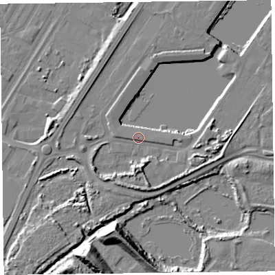 Shaded relief map of the ground around FY76NB, computed from Environment Agency LiDAR. The ground here sits at about 7 m above sea level and falls 16 m across the surrounding 800 m. Surface water reaching this point runs off ground lying to the south, 5.4 m higher.