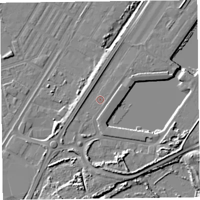 Shaded relief map of the ground around FY76NN, computed from Environment Agency LiDAR. The ground here sits at about 6 m above sea level and falls 9 m across the surrounding 800 m. Surface water reaching this point runs off ground lying to the south-south-west, 1.9 m higher.