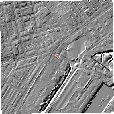 Shaded relief map of the ground around FY76NR, computed from Environment Agency LiDAR. The ground here sits at about 5 m above sea level and falls 11 m across the surrounding 800 m. Surface water reaching this point runs off ground lying to the north-north-east, 3.4 m higher.