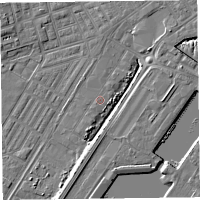 Shaded relief map of the ground around FY76NS, computed from Environment Agency LiDAR. The ground here sits at about 5 m above sea level and falls 9 m across the surrounding 800 m. Surface water reaching this point runs off ground lying to the east, 6.7 m higher.