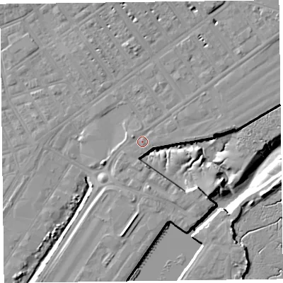 Shaded relief map of the ground around FY76NU, computed from Environment Agency LiDAR. The ground here sits at about 7 m above sea level and falls 11 m across the surrounding 800 m. Surface water reaching this point runs off ground lying to the north-east, 1.4 m higher.