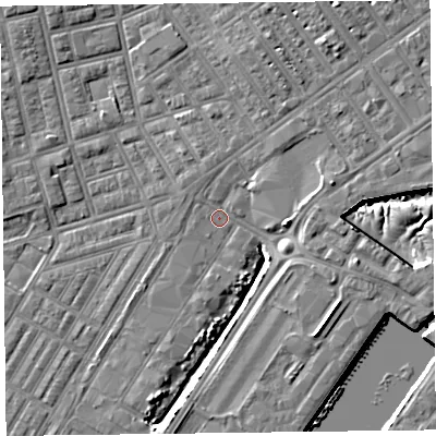 Shaded relief map of the ground around FY76NW, computed from Environment Agency LiDAR. The ground here sits at about 5 m above sea level and falls 11 m across the surrounding 800 m. Surface water reaching this point runs off ground lying to the north-north-west, 0.9 m higher.