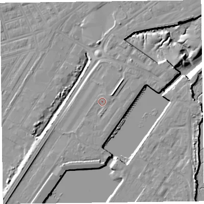 Shaded relief map of the ground around FY76PJ, computed from Environment Agency LiDAR. The ground here sits at about 7 m above sea level and falls 12 m across the surrounding 800 m. Surface water reaching this point runs off ground lying to the south, 0.9 m higher.