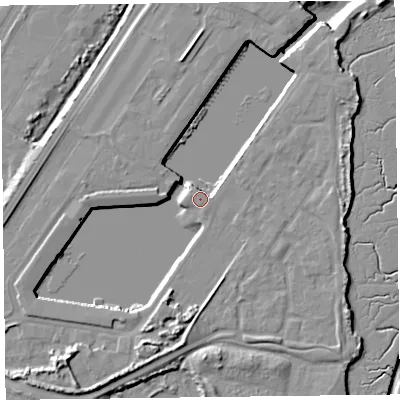 Shaded relief map of the ground around FY76PP, computed from Environment Agency LiDAR. The ground here sits at about 7 m above sea level and falls 13 m across the surrounding 800 m. Surface water reaching this point runs off ground lying to the east, 4.4 m higher.