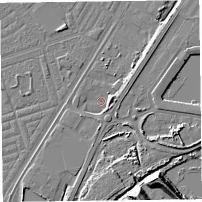 Shaded relief map of the ground around FY76PR, computed from Environment Agency LiDAR. The ground here sits at about 4 m above sea level and falls 16 m across the surrounding 800 m. Surface water reaching this point runs off ground lying to the east-north-east, 5.1 m higher.