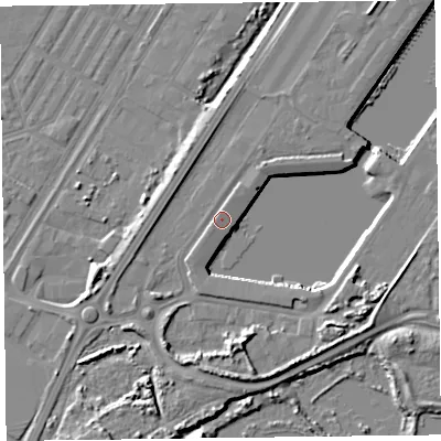 Shaded relief map of the ground around FY76PS, computed from Environment Agency LiDAR. The ground here sits at about 7 m above sea level and falls 11 m across the surrounding 800 m. Surface water reaching this point runs off ground lying to the north-east, 1.1 m higher.