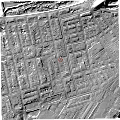 Shaded relief map of the ground around FY76QA, computed from Environment Agency LiDAR. The ground here sits at about 5 m above sea level and falls 13 m across the surrounding 800 m. Surface water reaching this point runs off ground lying to the north-north-west, 3.6 m higher.