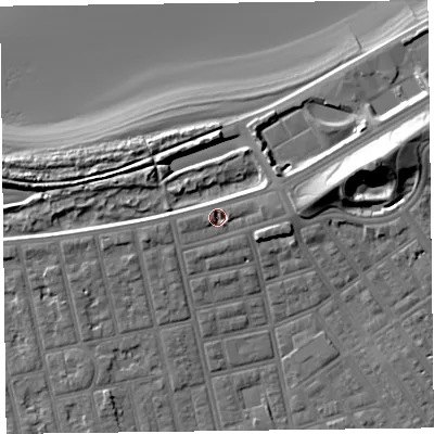 Shaded relief map of the ground around FY76QE, computed from Environment Agency LiDAR. The ground here sits at about 7 m above sea level and falls 19 m across the surrounding 800 m. Surface water reaching this point runs off ground lying to the east, 2.5 m higher.