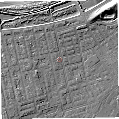 Shaded relief map of the ground around FY76QH, computed from Environment Agency LiDAR. The ground here sits at about 6 m above sea level and falls 16 m across the surrounding 800 m. Surface water reaching this point runs off ground lying to the north-north-west, 3.6 m higher.