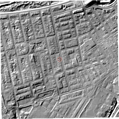Shaded relief map of the ground around FY76QJ, computed from Environment Agency LiDAR. The ground here sits at about 5 m above sea level and falls 11 m across the surrounding 800 m. Surface water reaching this point runs off ground lying to the north-north-west, 4.1 m higher.